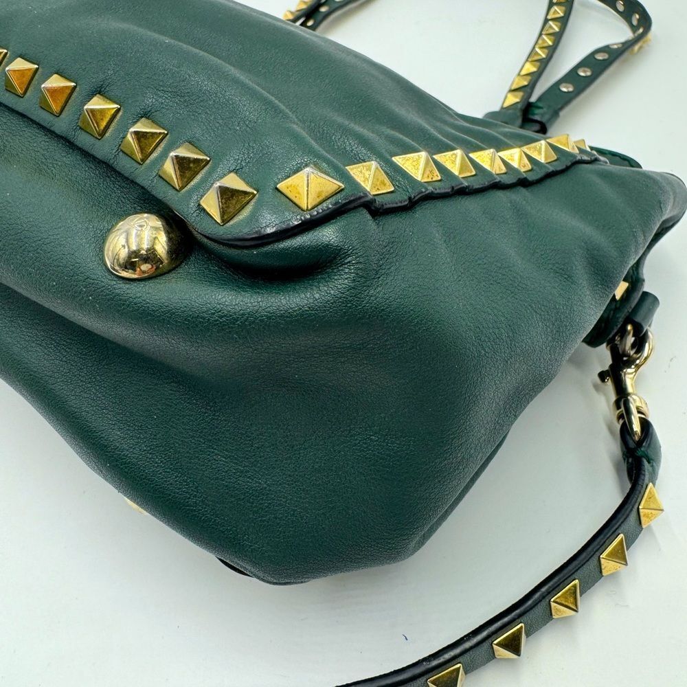 Auth Valentino Garavani Forest Green Leather Rockstud 2way Trapeze Shopper Tote - Picture 7 of 16